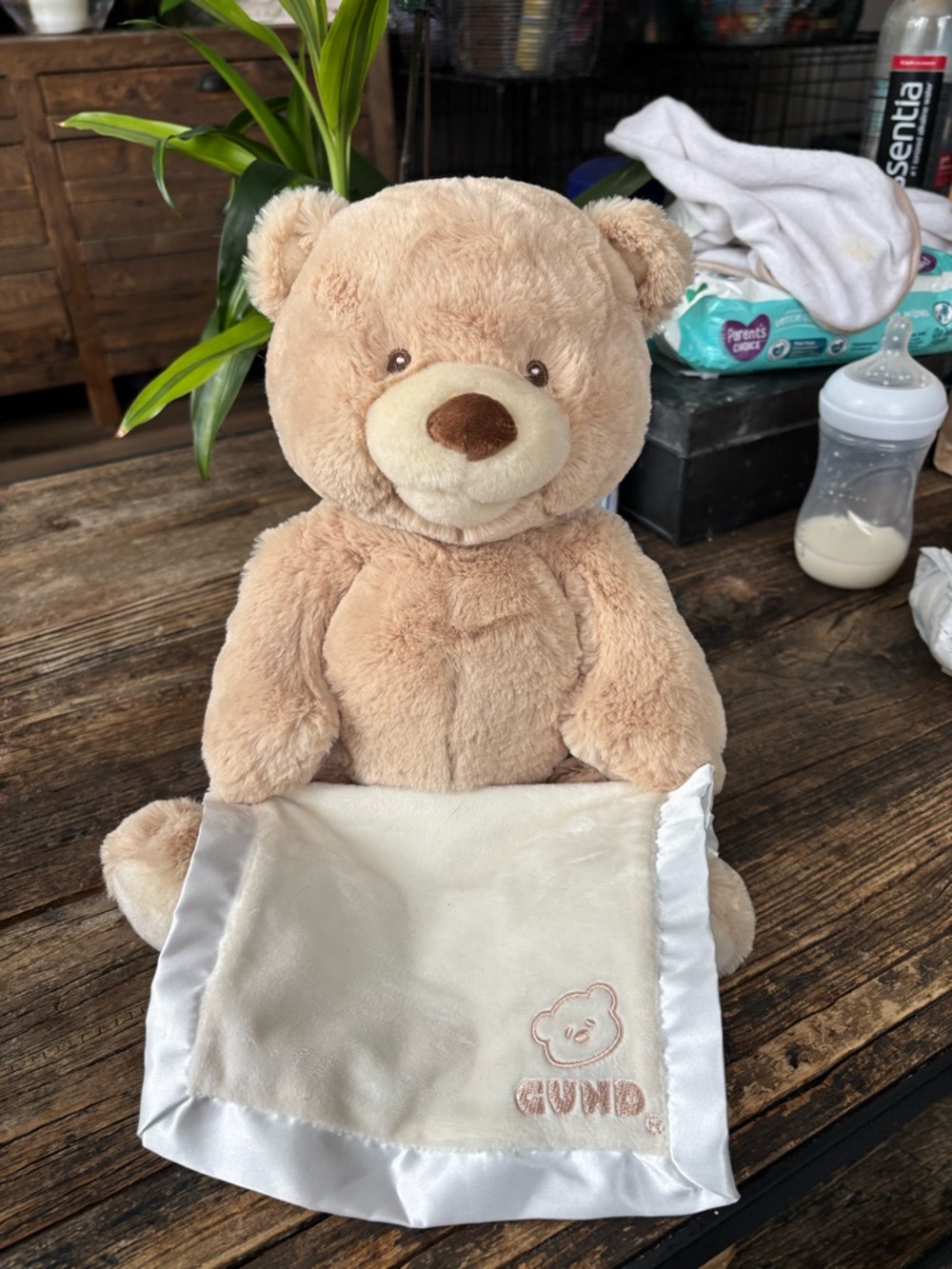Gund Beige peek-a-boo Teddy Bear with Cream Satin-Edged Lovey